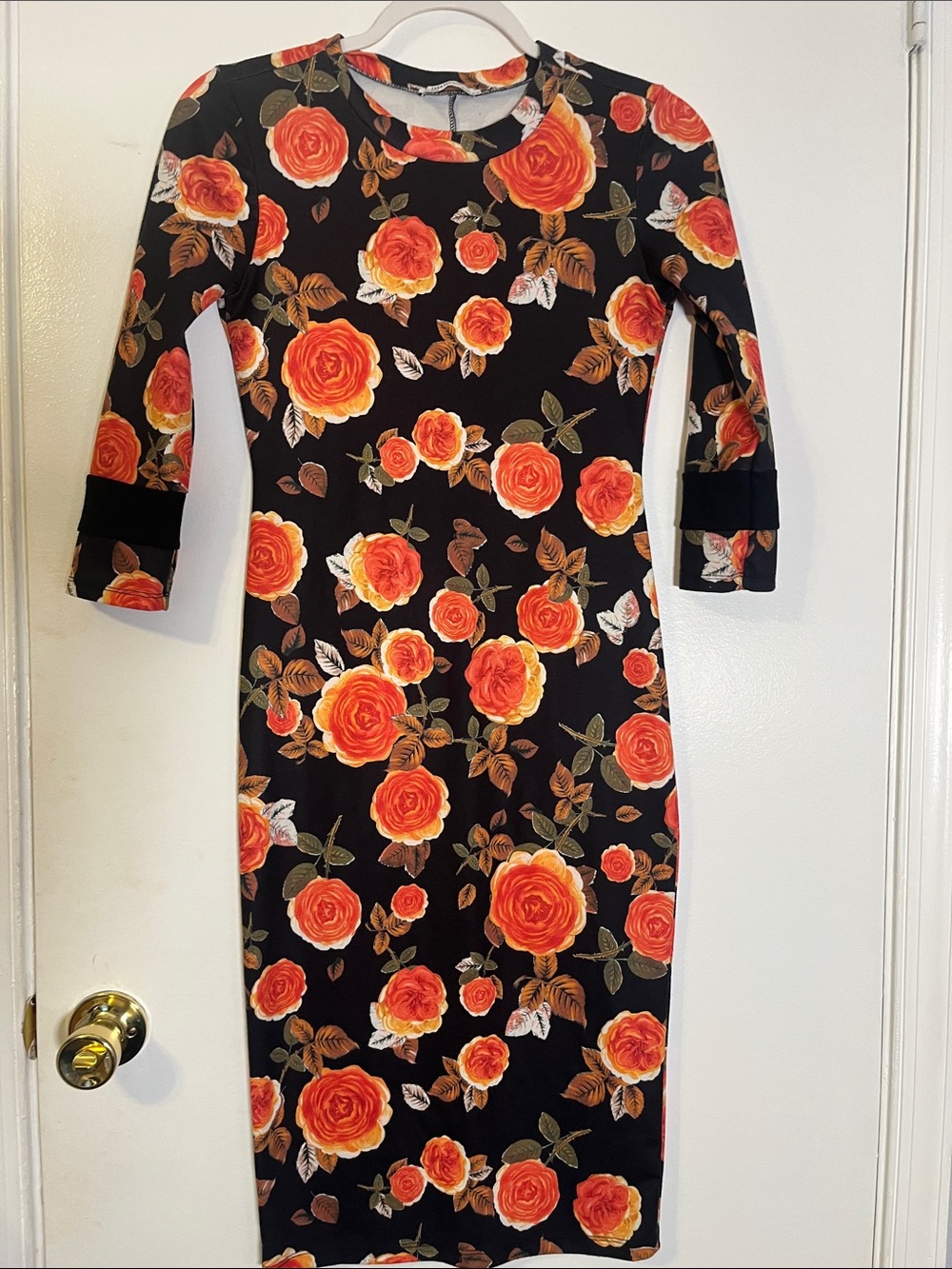 Zara cottagecore Black Midi Dress with Orange Rose Print size S